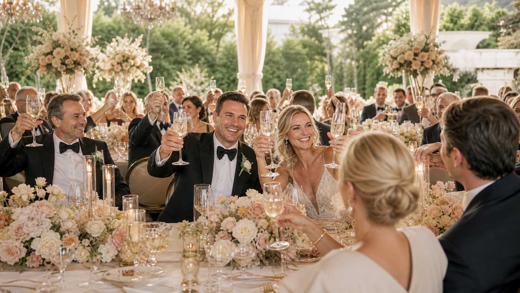 Joyful wedding party at an elegant table shown as a concept visual