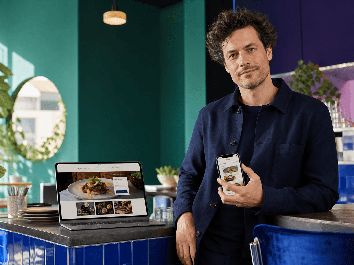 Właściciel restauracji ze stroną internetową i mobilną aplikacją do zamówień